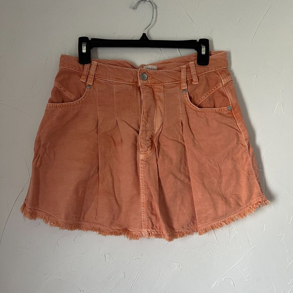 Pilcro Anthroprologie Pleated Denim Mini Skirt Peach Orange Frayed Hem Size 10